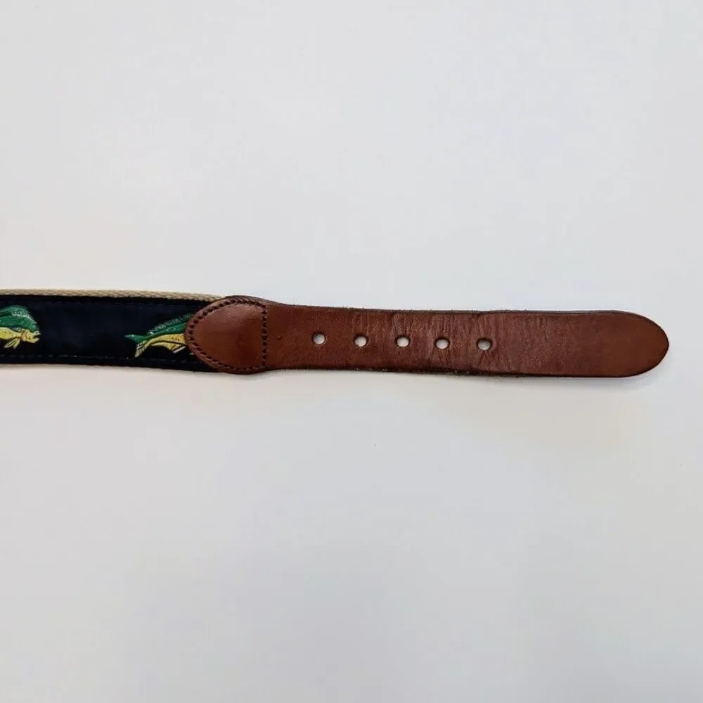 Vintage Leather Man Hand Made Essex CT Mahi Mahi Fish Belt Brass Buckle Size 46